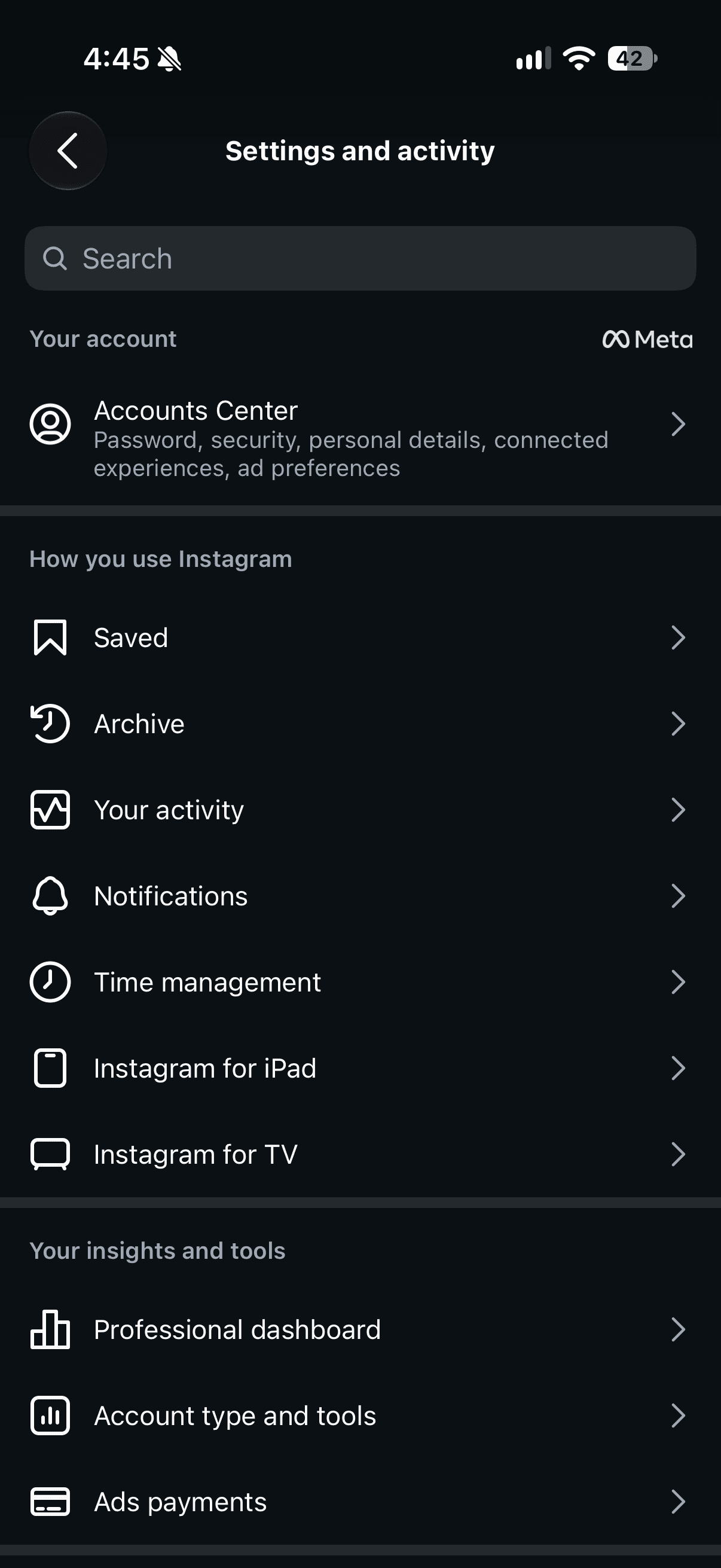 Instagram Settings and activity, with Saved circled and an arrow pointing to it