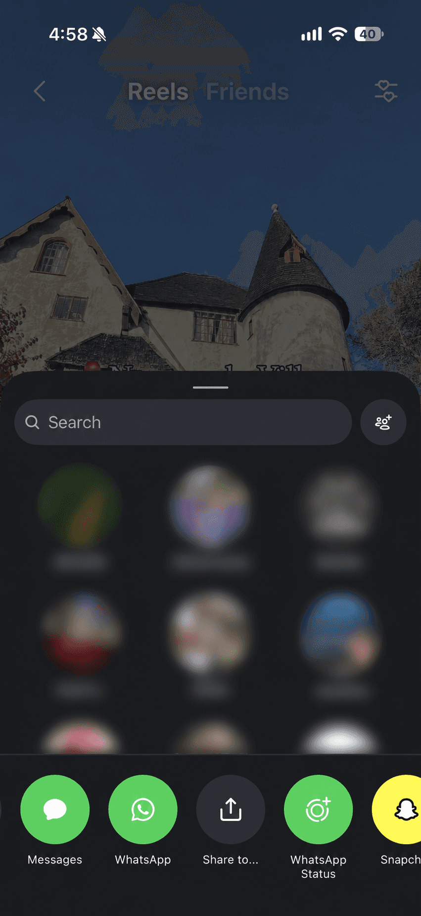 Instagram sharing menu with contact photos and names blurred, and Share to circled