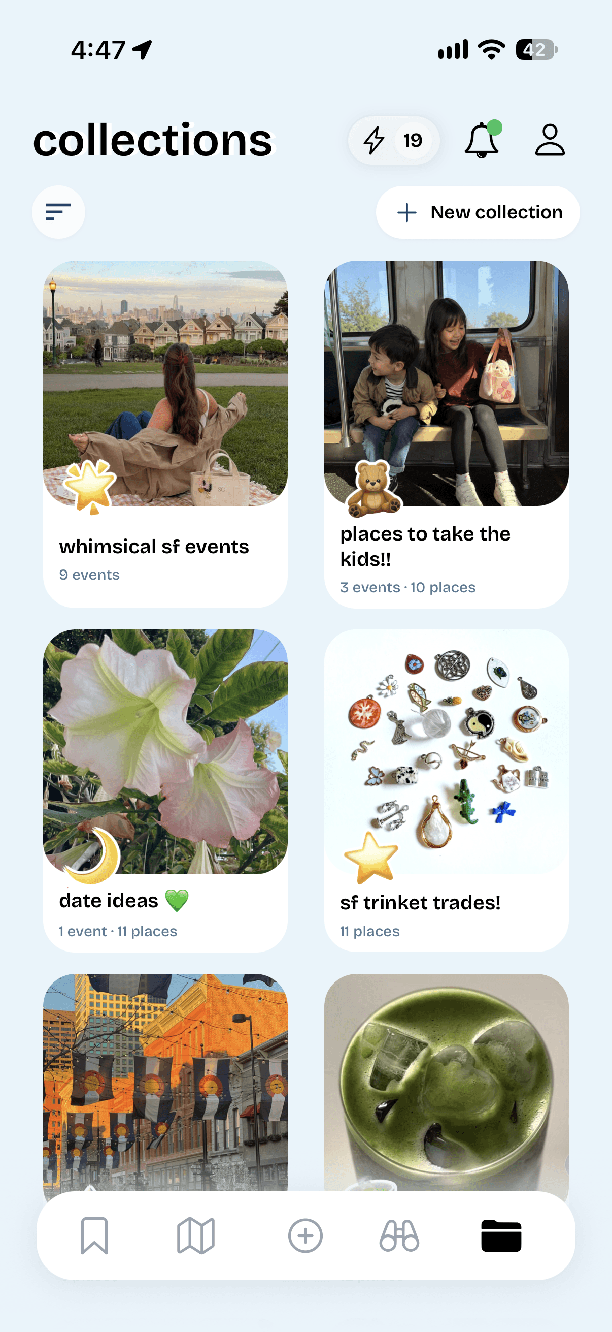 Outernet Collections showing saved adventures organized into collections