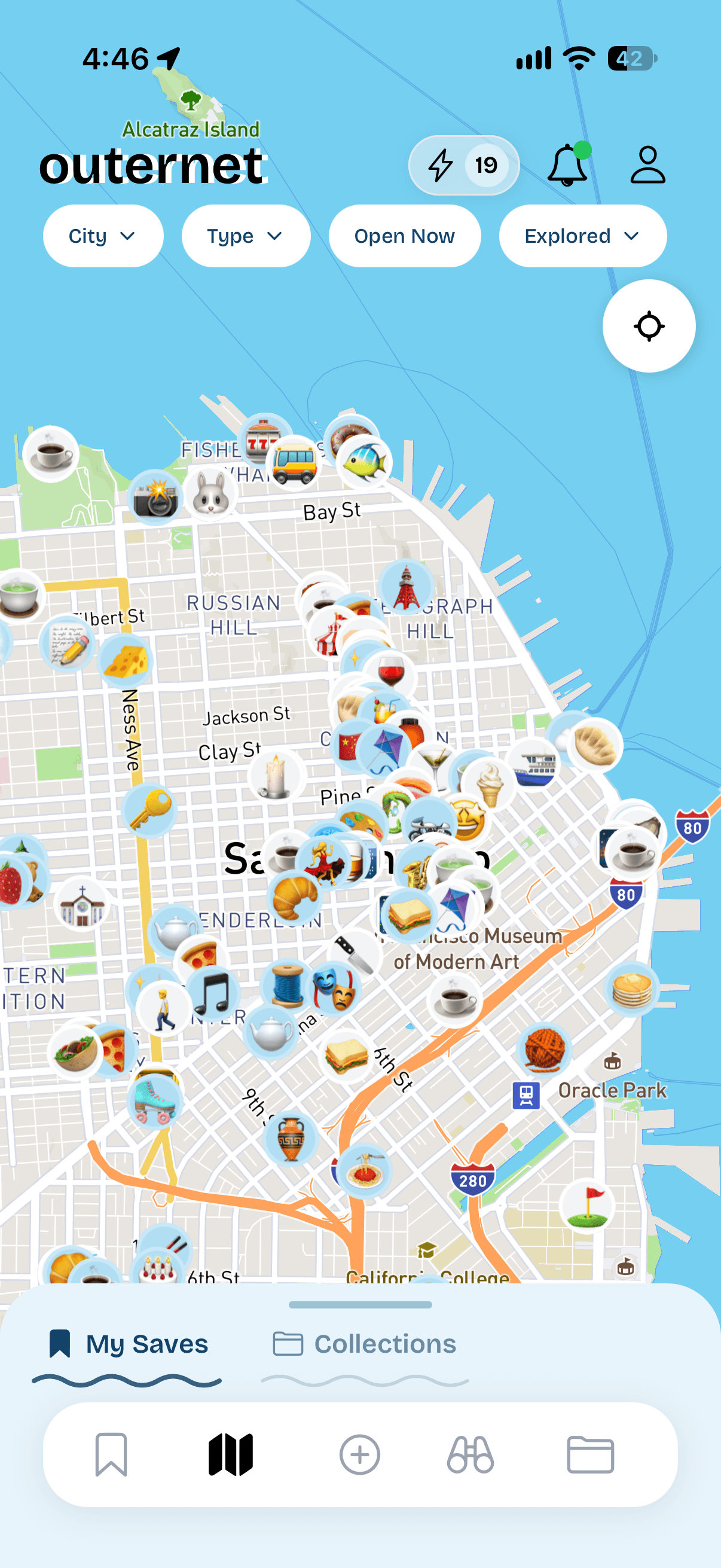 Outernet map of saved places with the map tab circled and an arrow pointing to it