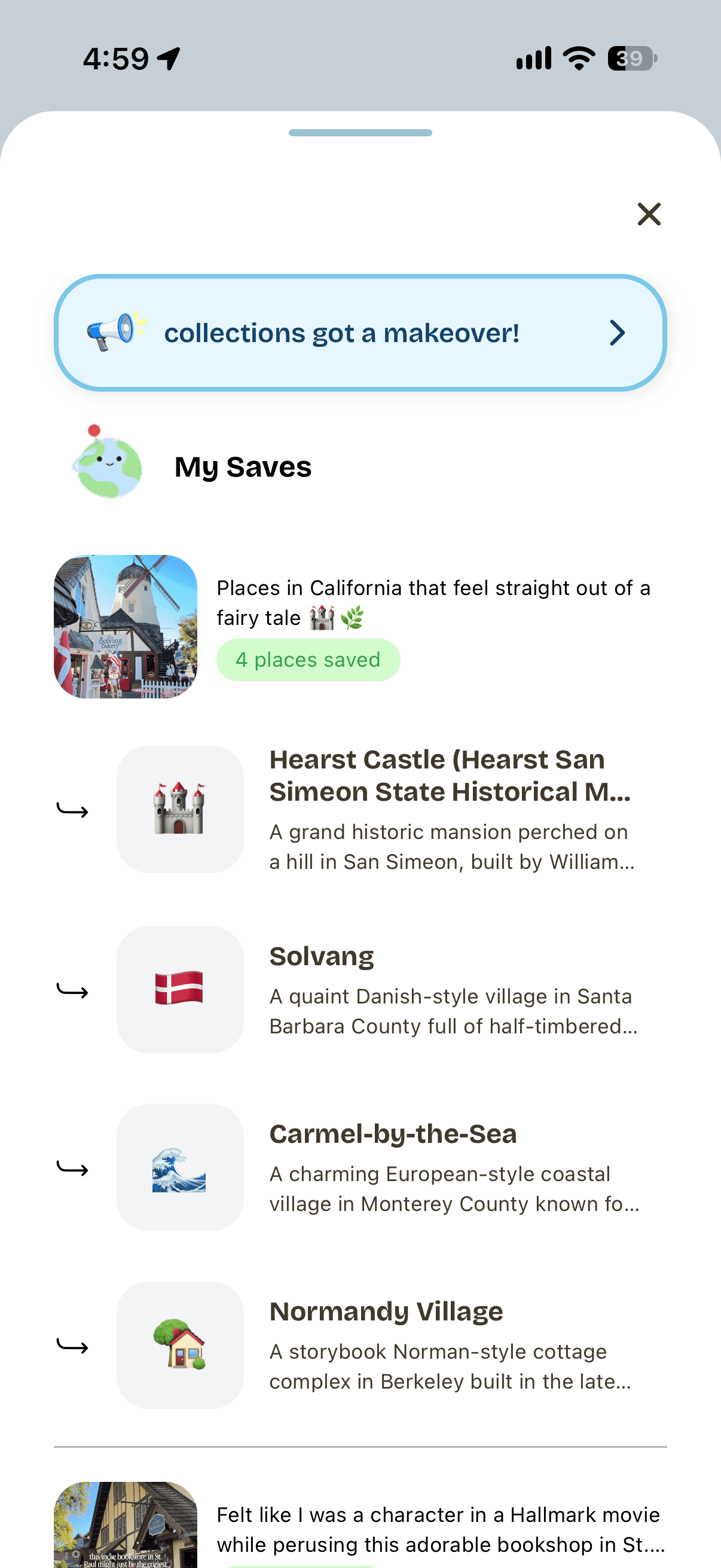 Outernet My Saves showing four places identified from one Instagram Reel