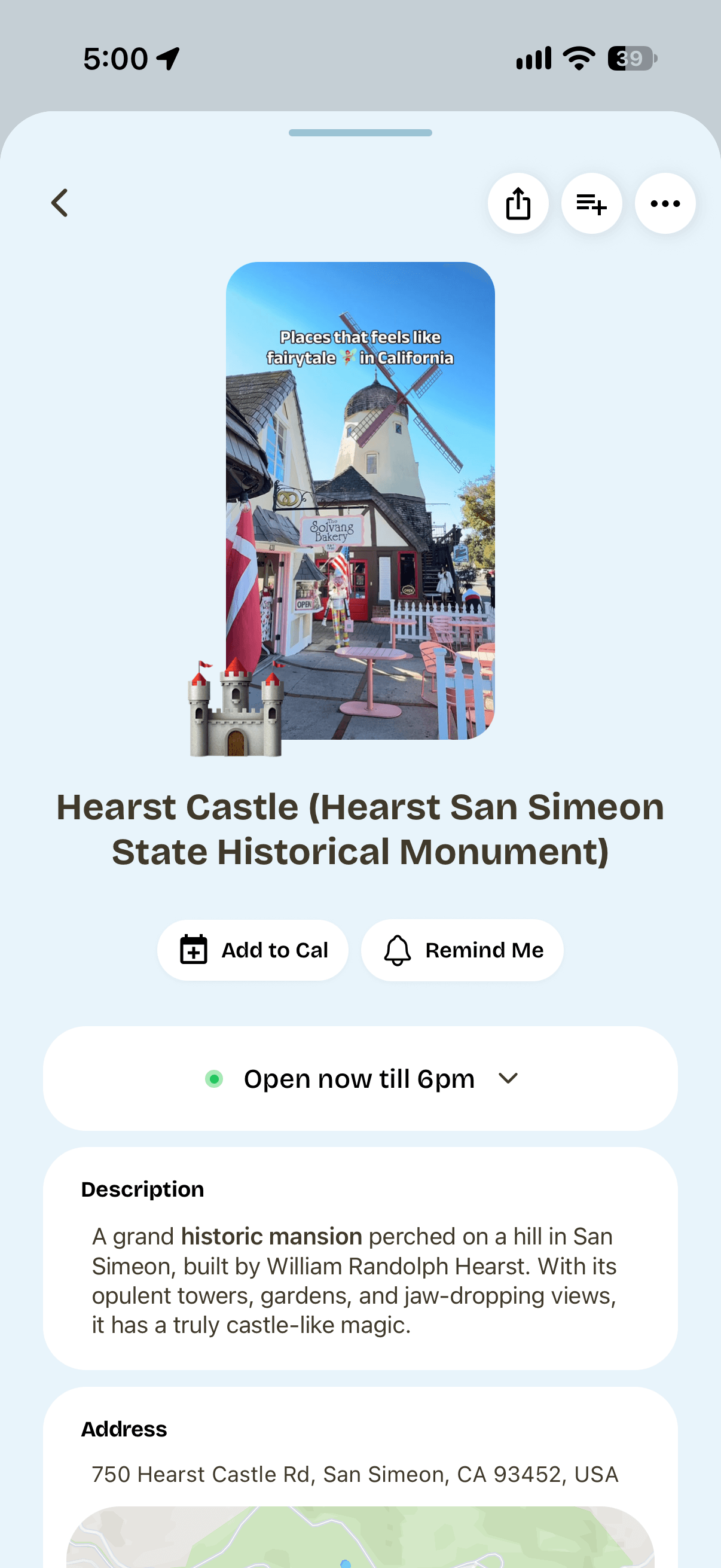 Outernet place details showing a description, opening hours, and address for Hearst Castle