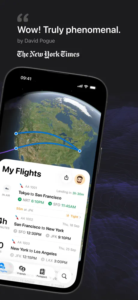 Flighty App Store screenshot showing flight routes and upcoming flights