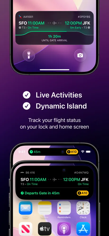 Flighty App Store screenshot showing live flight status on the lock screen and Dynamic Island