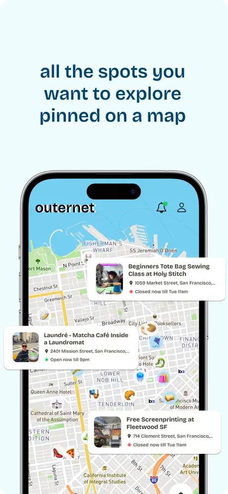 Outernet App Store screenshot showing saved places pinned on a map