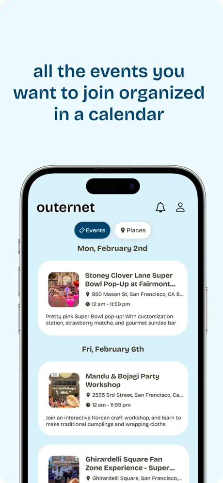 Outernet App Store screenshot showing events organized in a calendar