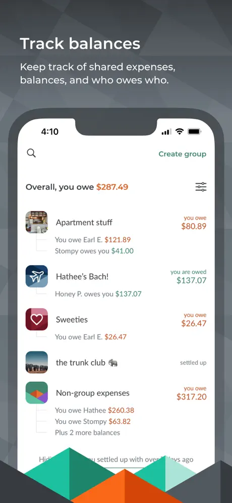Splitwise App Store screenshot showing shared expense balances