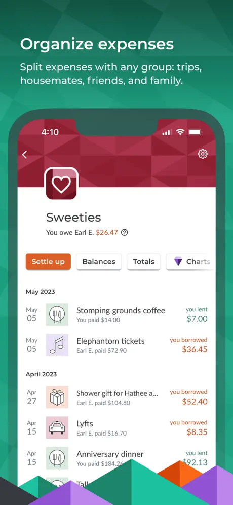 Splitwise App Store screenshot showing expenses organized in a group